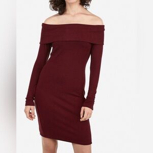 Express Off The Shoulder Ribbed Maroon Cozy Sheath Dress Size Small NWT